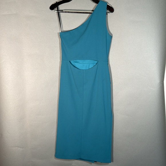 Betsy & Adam, One-Shoulder Ruched Sheath Dress, teal, size 8, NWT - Picture 2 of 8